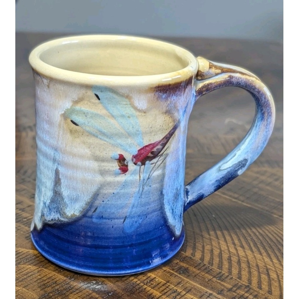 Studio Art Pottery Dragonfly Mug SAP Signed Blue Purple Drip Glaze Thumb Rest